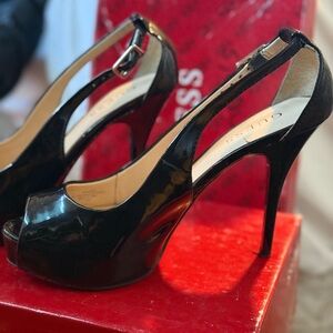 Macy's Glossy Black Peep Toe Heels